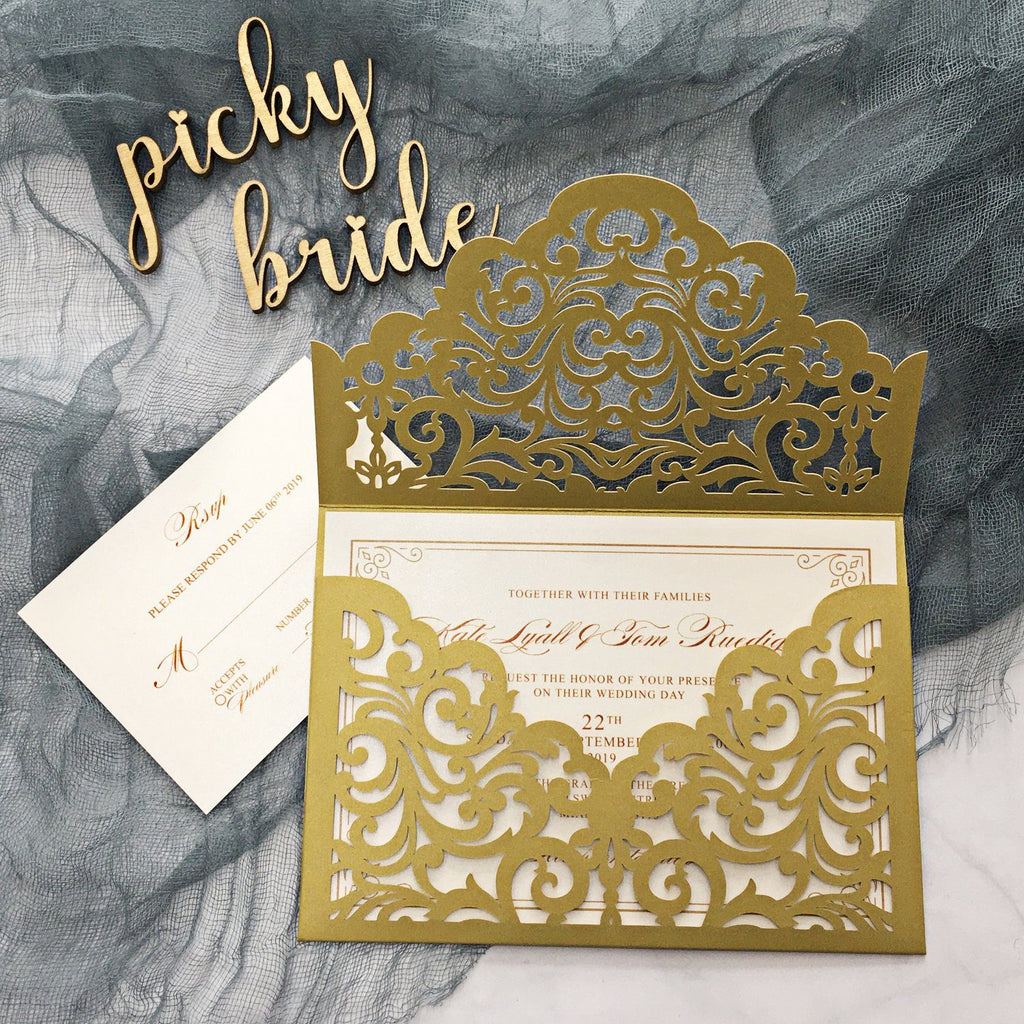 Gold Pocket Wedding Invitations Suite Elegant Laser Cut Invitation Wedding Cards Picky Bride Gold 30 x $3.5 ea. 