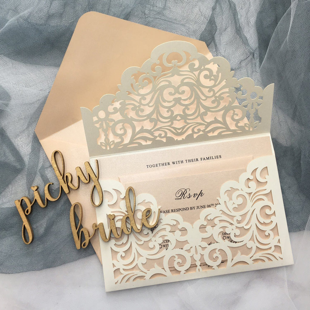 Gold Pocket Wedding Invitations Suite Elegant Laser Cut Invitation Wedding Cards Picky Bride Ivory 30 x $3.5 ea. 