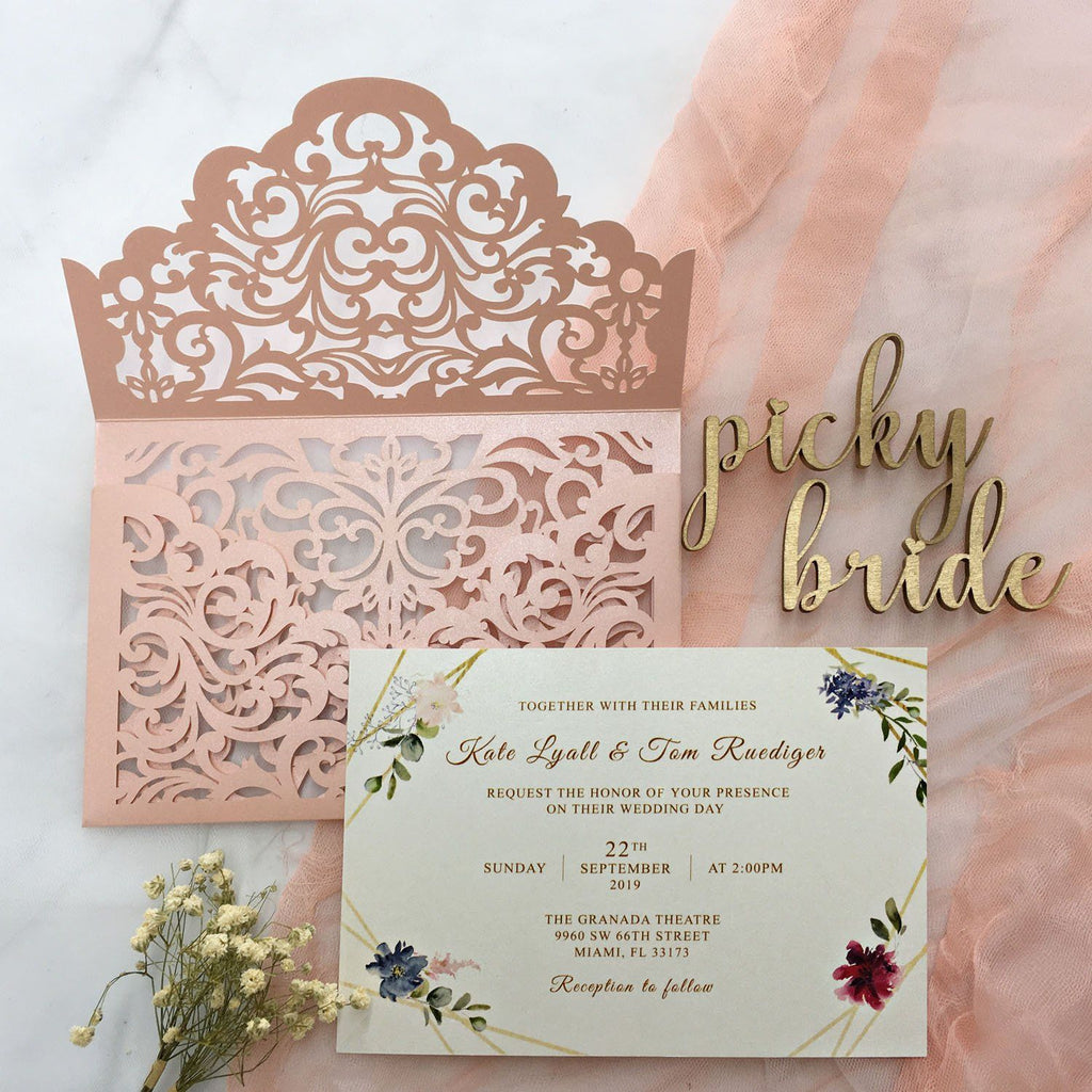 Gold Pocket Wedding Invitations Suite Elegant Laser Cut Invitation Wedding Cards Picky Bride Pink 30 x $3.5 ea. 