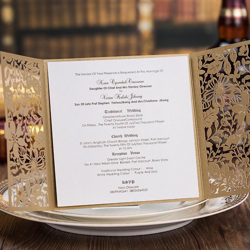 Golden Gate-fold Wedding Invitations; Gold Lace Wedding Invitation Cards - Set of 50pcs Picky Bride 