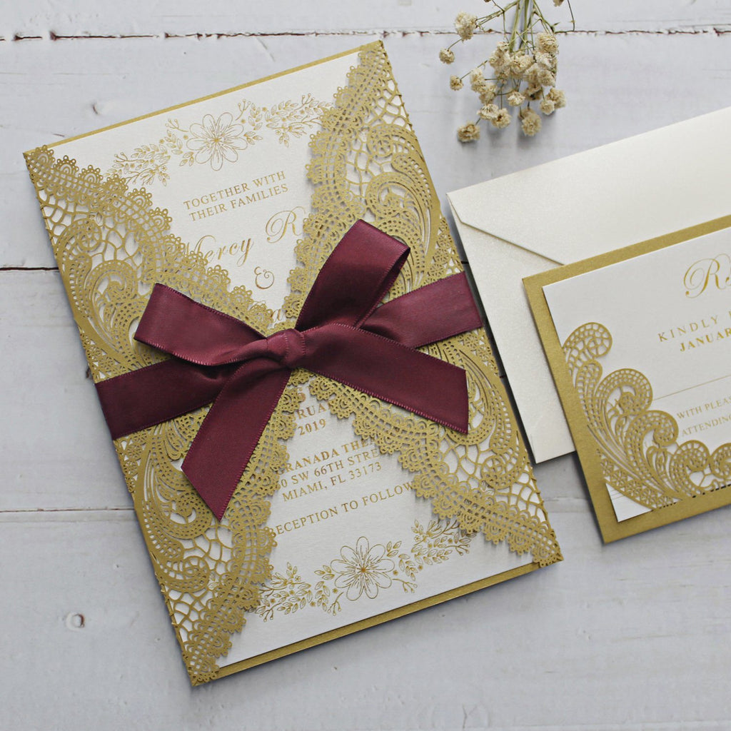 Golden Lace Wedding Invitation Cards with Burgundy Ribbon Bow and RSVP Cards Picky Bride 