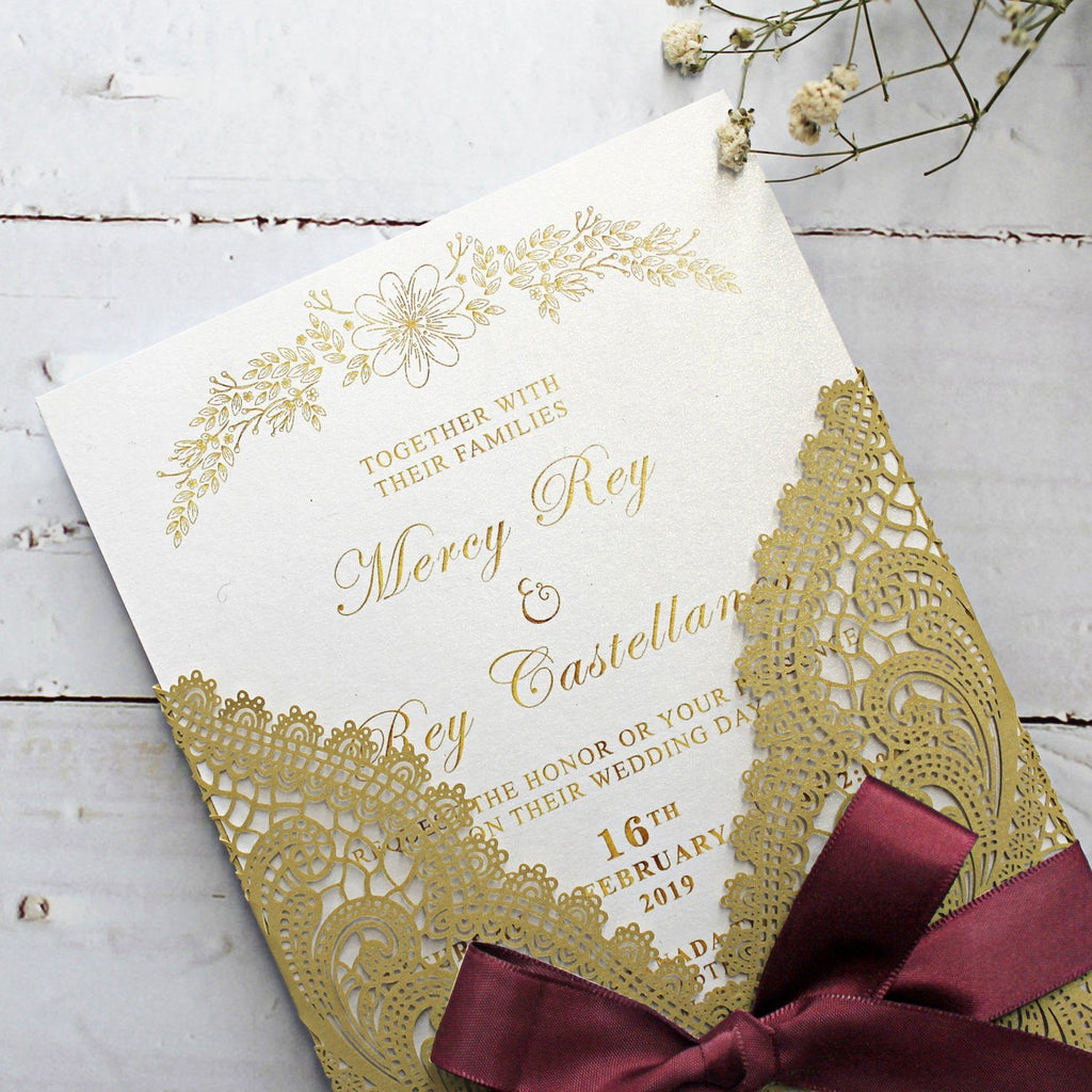 Golden Lace Wedding Invitation Cards with Burgundy Ribbon Bow and RSVP Cards Picky Bride 