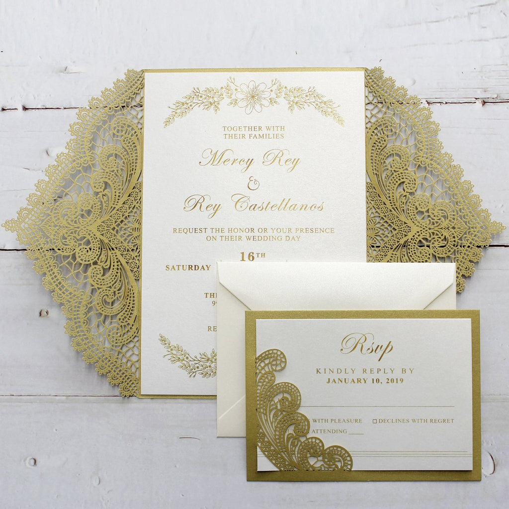 Golden Lace Wedding Invitation Cards with Burgundy Ribbon Bow and RSVP Cards Picky Bride 