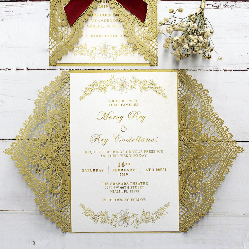 Golden Lace Wedding Invitation Cards with Burgundy Ribbon Bow and RSVP Cards Picky Bride 