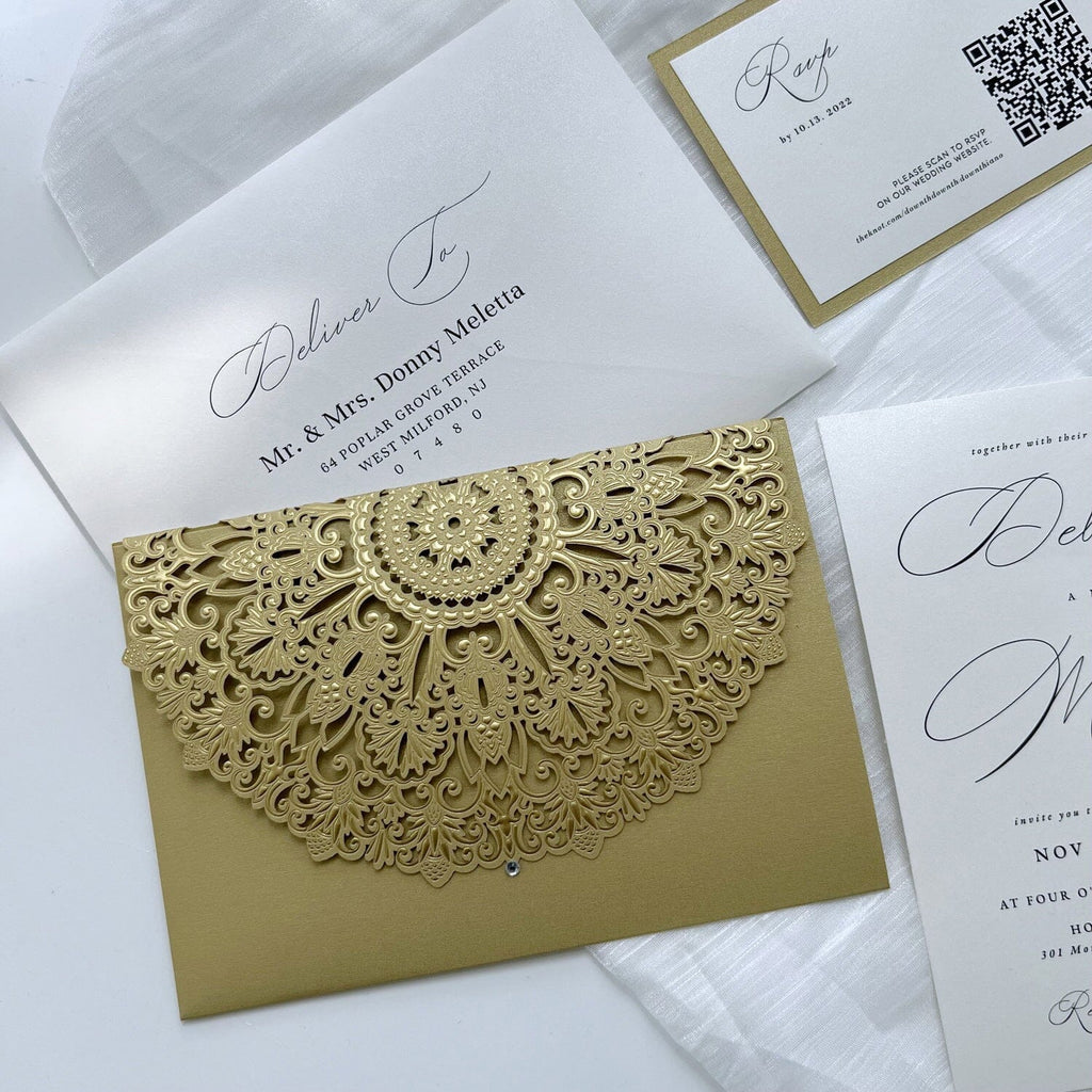 Golden Pocket Wedding Invitations with QR Code RSVP Cards, Tri-Fold Modern Calligraphy Invites, Detail Card Wedding Ceremony Supplies Picky Bride 