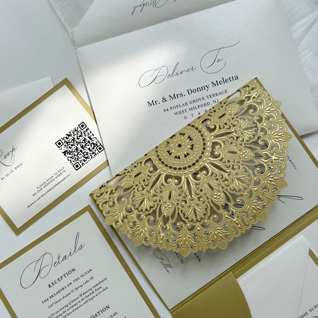 Golden Pocket Wedding Invitations with QR Code RSVP Cards, Tri-Fold Modern Calligraphy Invites, Detail Card Wedding Ceremony Supplies Picky Bride 