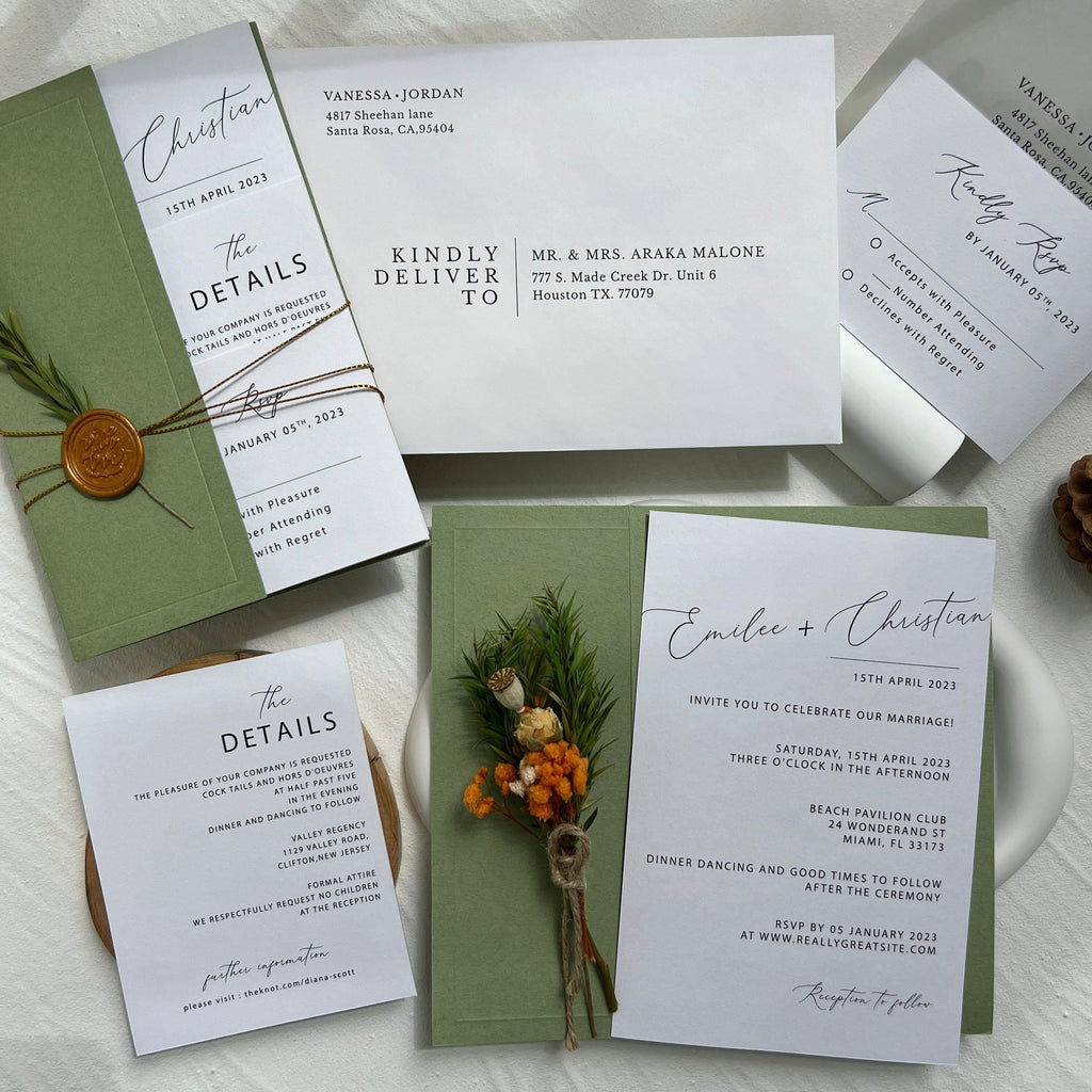 Greenery Wedding Invitations with Wax Seal, Forest Green Wedding Theme, Calligraphy Wedding Cards and RSVP Card, Details Card Wedding Ceremony Supplies Picky Bride 