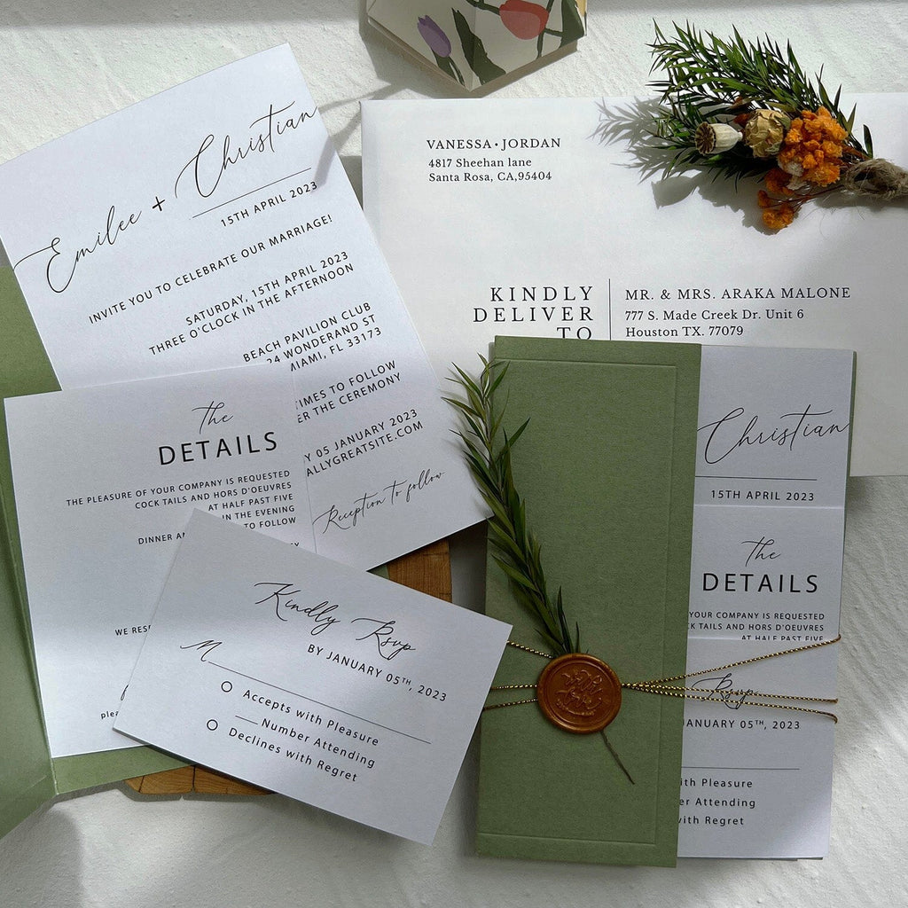 Greenery Wedding Invitations with Wax Seal, Forest Green Wedding Theme, Calligraphy Wedding Cards and RSVP Card, Details Card Wedding Ceremony Supplies Picky Bride 