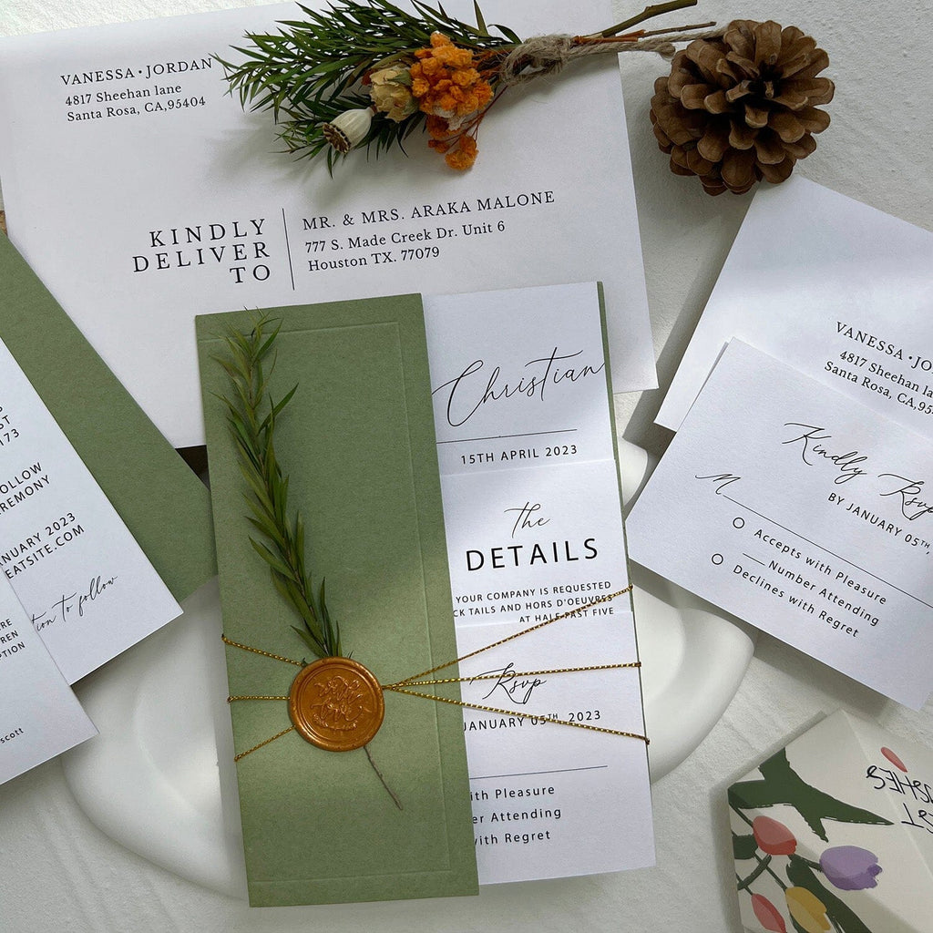 Greenery Wedding Invitations with Wax Seal, Forest Green Wedding Theme, Calligraphy Wedding Cards and RSVP Card, Details Card Wedding Ceremony Supplies Picky Bride 