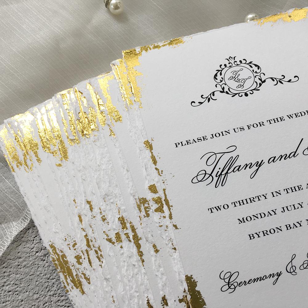 Handmade Gold Deckled Edge Wedding Invitations with Lining Envelopes Wedding Ceremony Supplies Picky Bride 