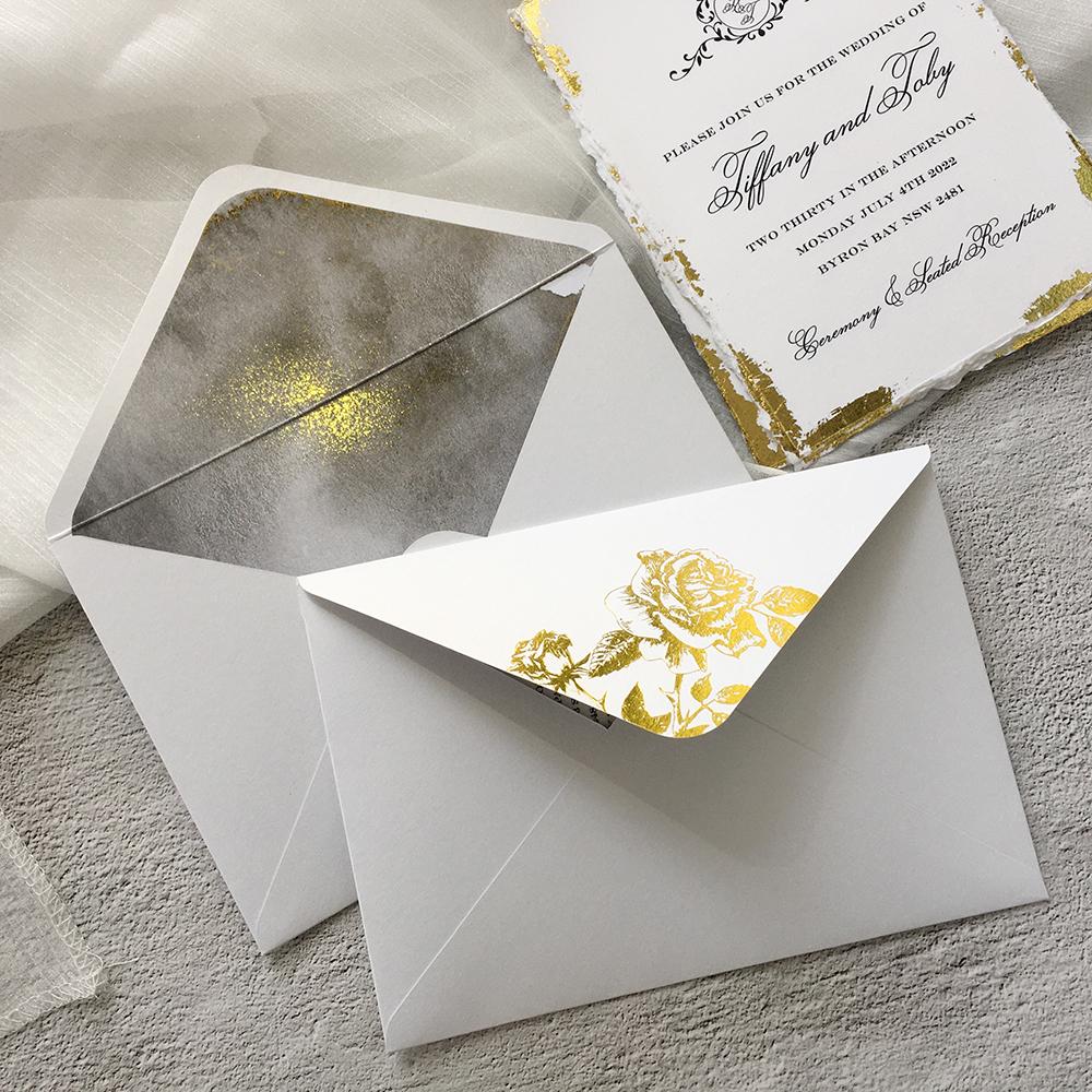 Handmade Gold Deckled Edge Wedding Invitations with Lining Envelopes Wedding Ceremony Supplies Picky Bride 