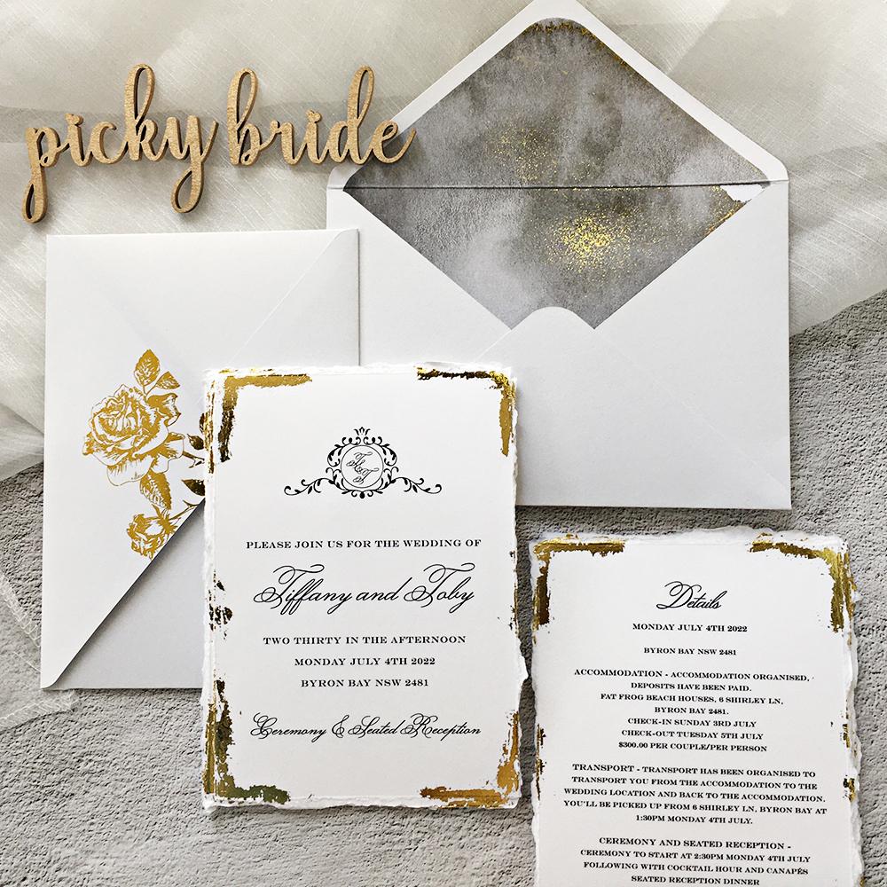 Handmade Gold Deckled Edge Wedding Invitations with Lining Envelopes Wedding Ceremony Supplies Picky Bride 