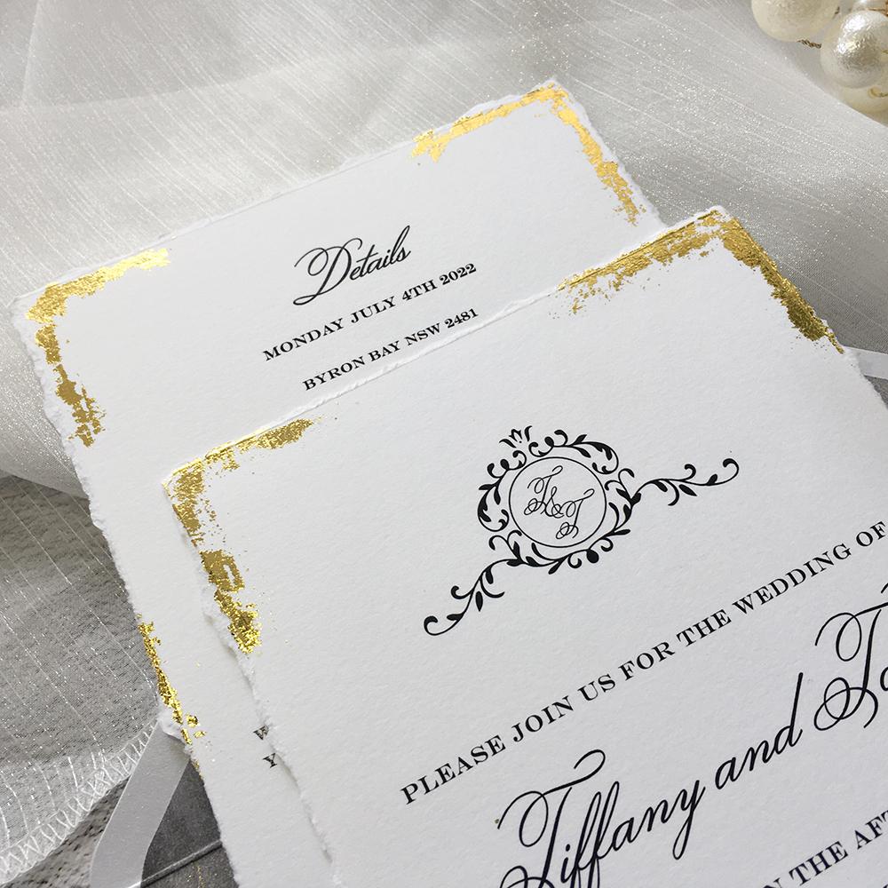 Handmade Gold Deckled Edge Wedding Invitations with Lining Envelopes Wedding Ceremony Supplies Picky Bride 