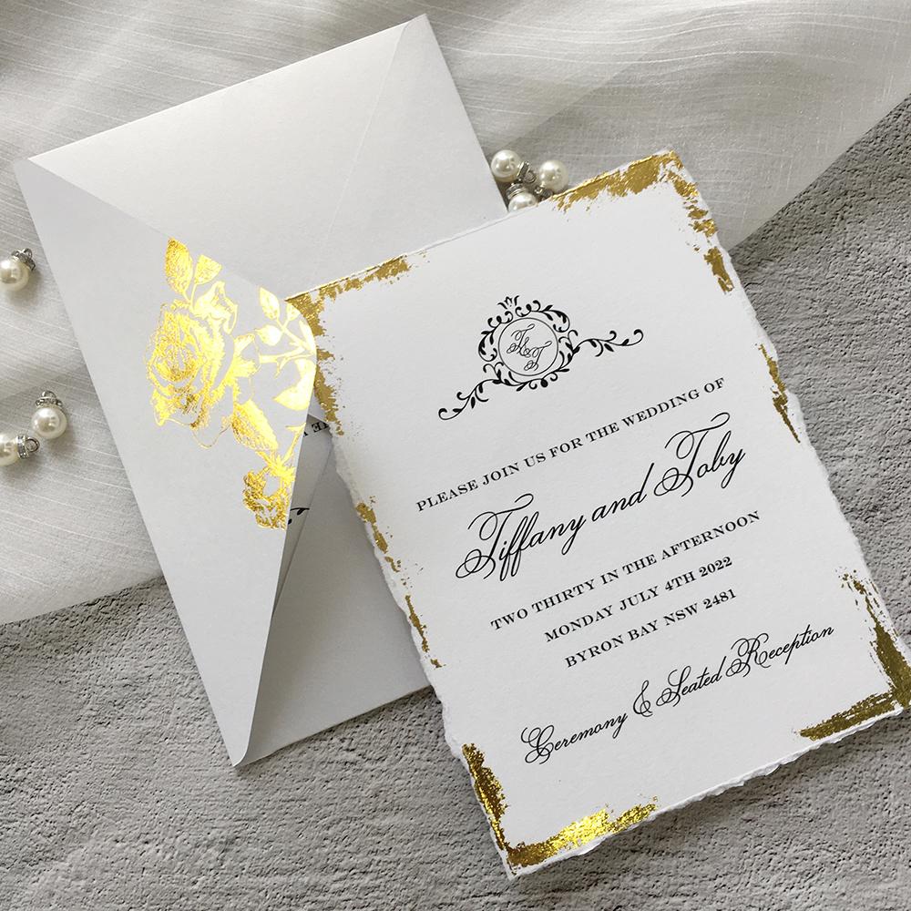 Handmade Gold Deckled Edge Wedding Invitations with Lining Envelopes Wedding Ceremony Supplies Picky Bride 