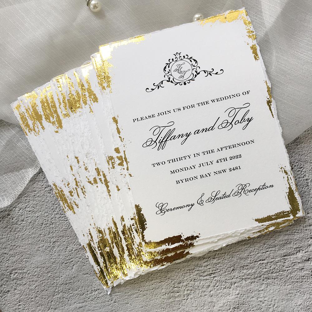 Handmade Gold Deckled Edge Wedding Invitations with Lining Envelopes Wedding Ceremony Supplies Picky Bride 