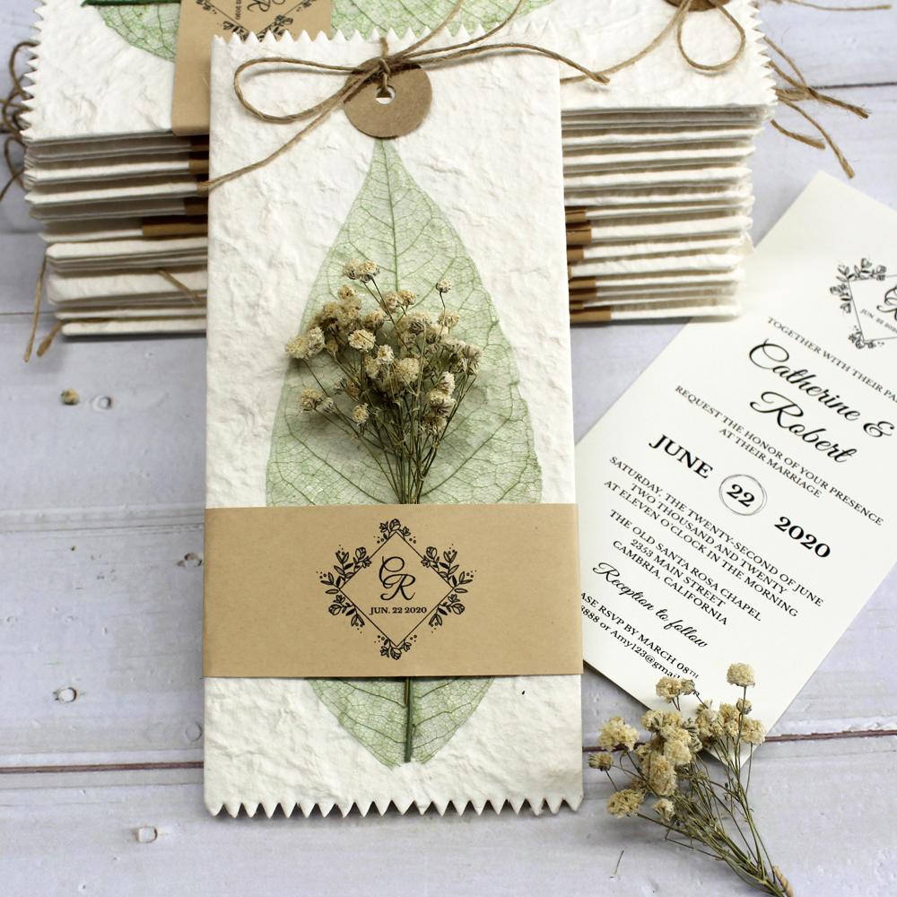 Handmade Green Leaf Wedding Invitations Personalized with Babysbreath Flower Picky Bride 