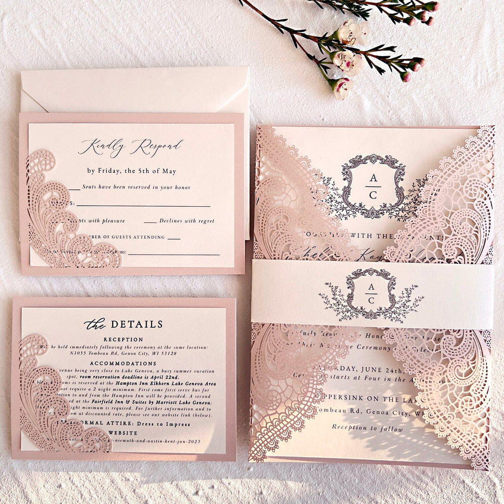 Ivory and Blush Pink Wedding Invitations Suite, Elegant Pale Pink Wedding Cards and RSVP Card, Laser Cut Details Cards Wedding Ceremony Supplies Picky Bride 