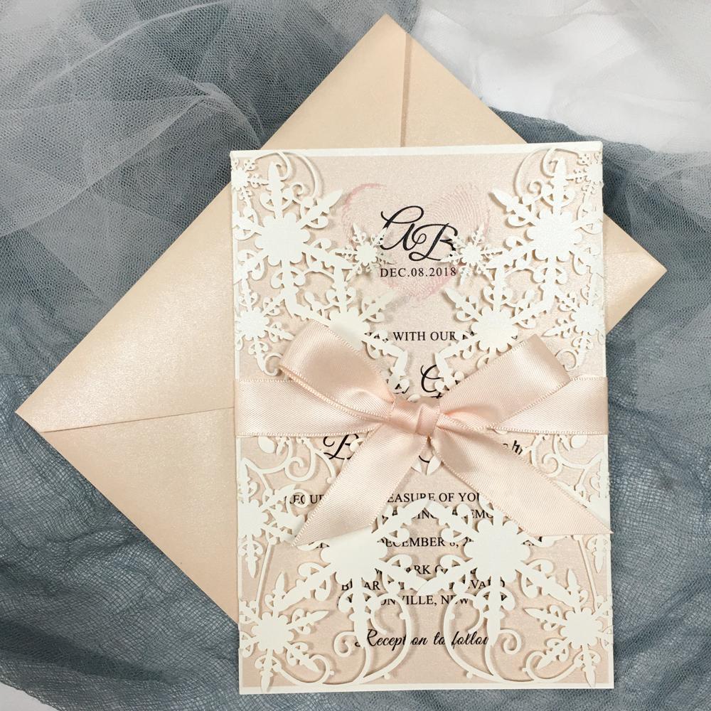 Ivory Lace Laser Cut Wedding Invitations with Blush Pink Shimmer Insert Picky Bride 