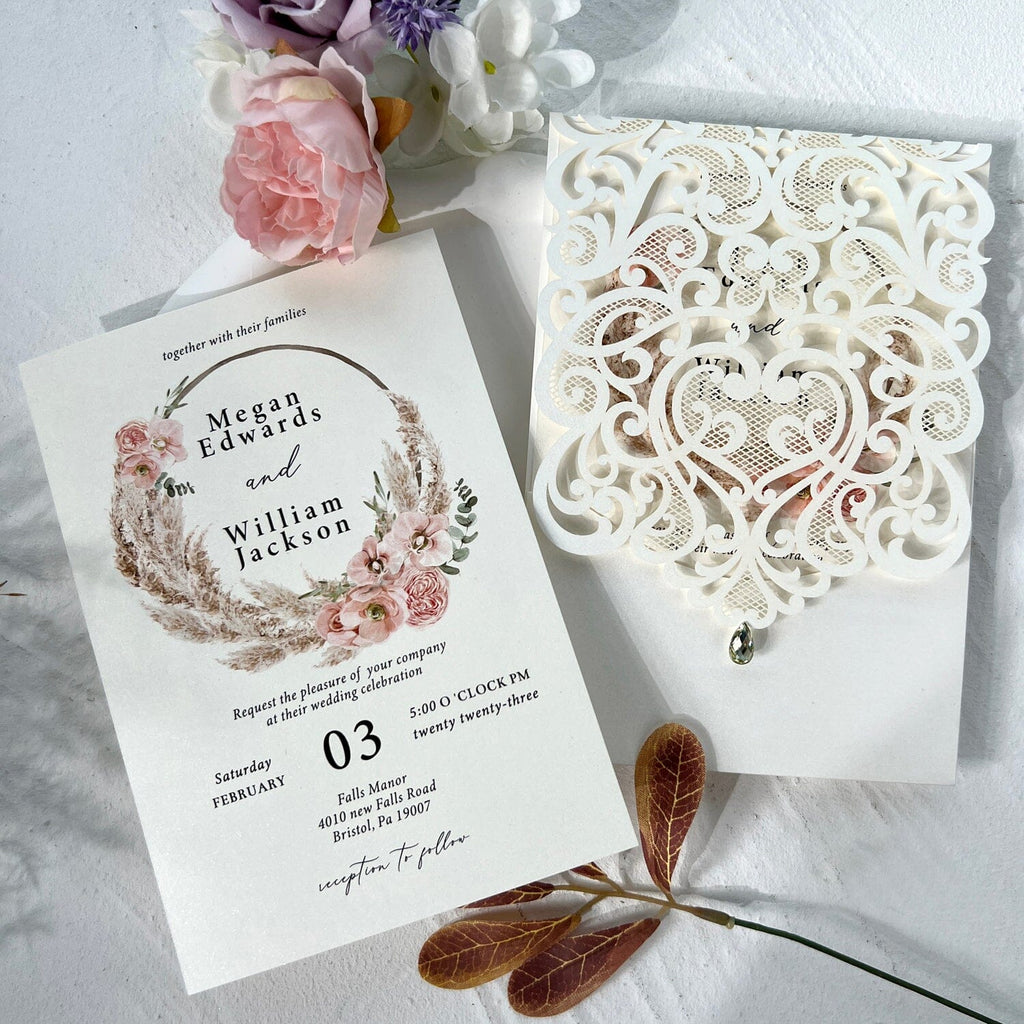 Ivory Pocket Floral Wedding Invitations and Enclosure Cards, Pampas Grass Invitation, Rustic Wedding Set Wedding Ceremony Supplies Picky Bride 