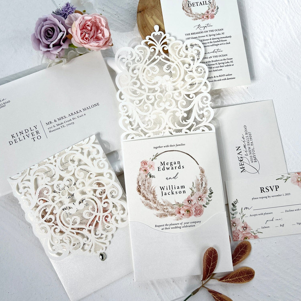 Ivory Pocket Floral Wedding Invitations and Enclosure Cards, Pampas Grass Invitation, Rustic Wedding Set Wedding Ceremony Supplies Picky Bride 