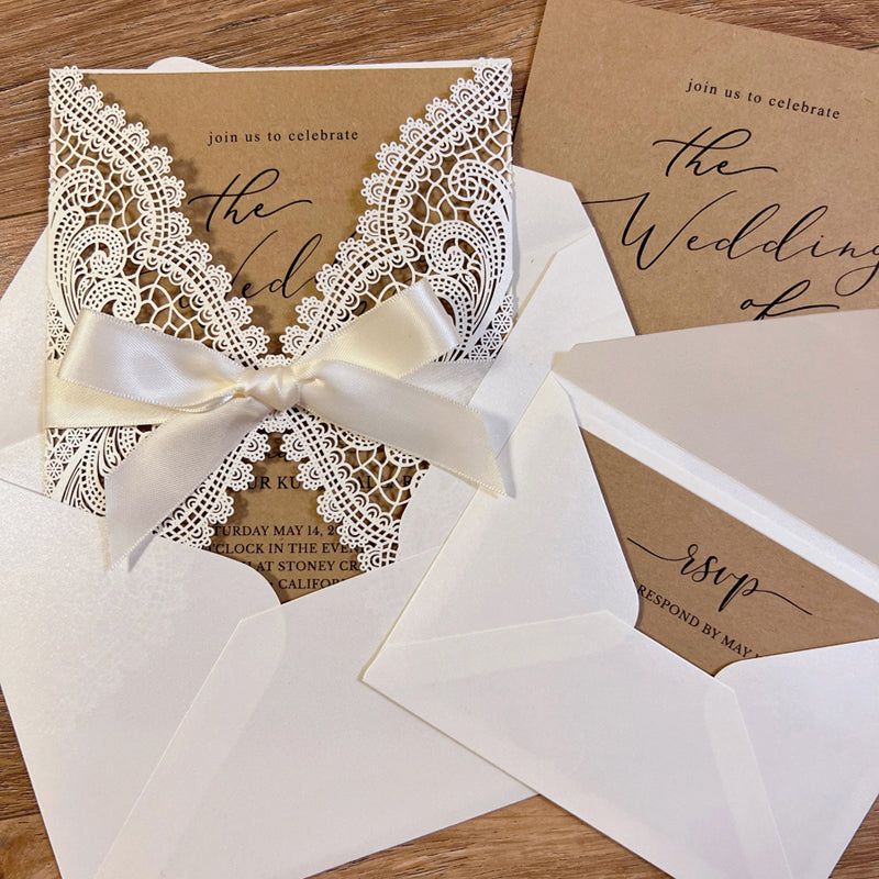 5x7 Kraft Paper Lace Twine Bow Wedding Invitation