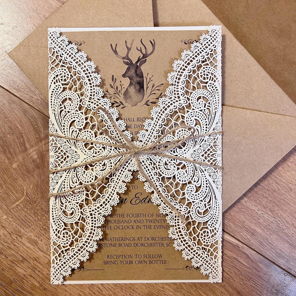 Kraft Wedding Invitation Set Personalised Lace Wedding Card Rustic Elegant Wedding Wedding Ceremony Supplies Picky Bride 