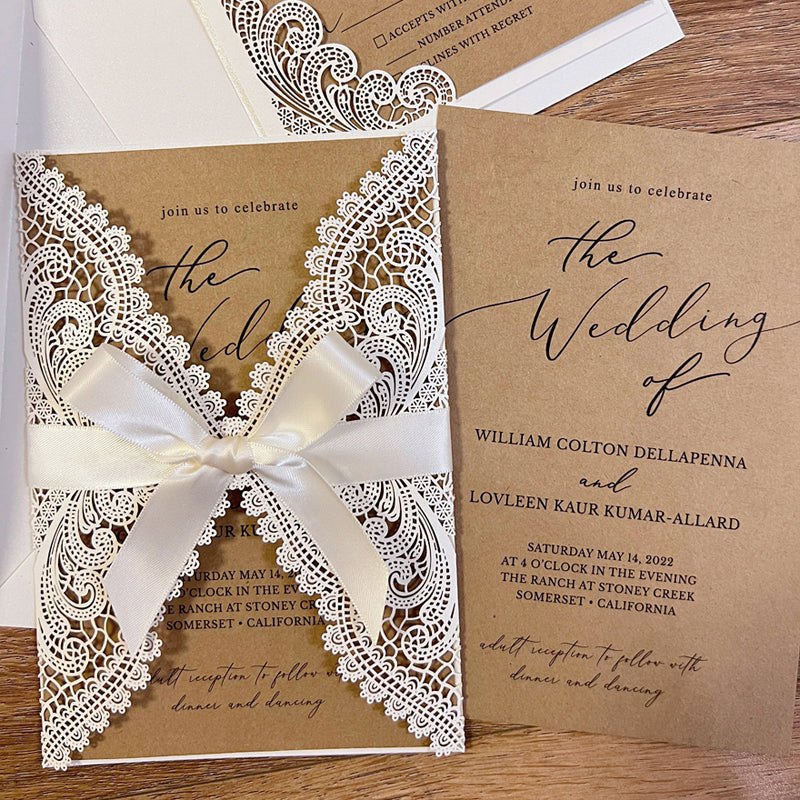 Kraft Wedding Invitation Set Personalised Lace Wedding Card Rustic Elegant Wedding Wedding Ceremony Supplies Picky Bride 