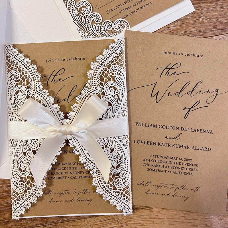 Kraft Wedding Invitation Set Personalised Lace Wedding Card Rustic Ele