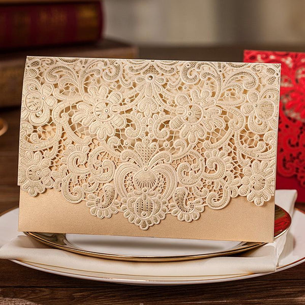Lace Wedding Invitation, Pocket Wedding Invitation - Set of 50 Picky Bride Blank Gold 
