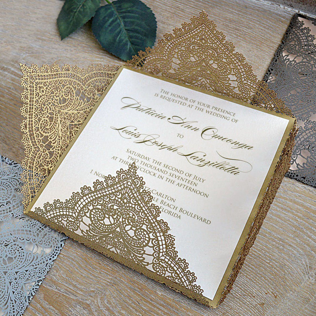 Laser Cut Gold Wedding Invitations Calligraphy Invitation Cards Personalized with your Invite Wording Picky Bride 
