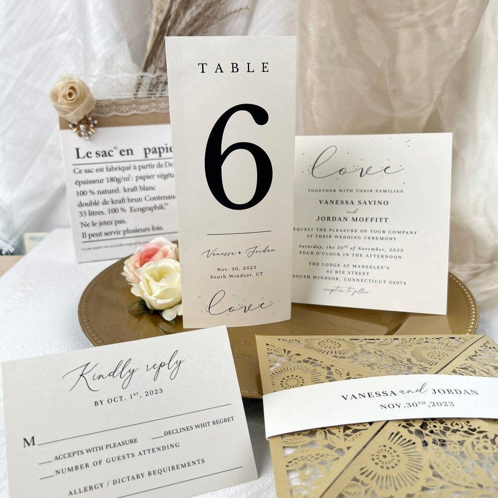 Laser Cut Gold Wedding Invitations with RSVP Cards, Vellum Wedding Logo Personalized, Picky Bride Flower Invites, Table Card Wedding Ceremony Supplies Picky Bride 