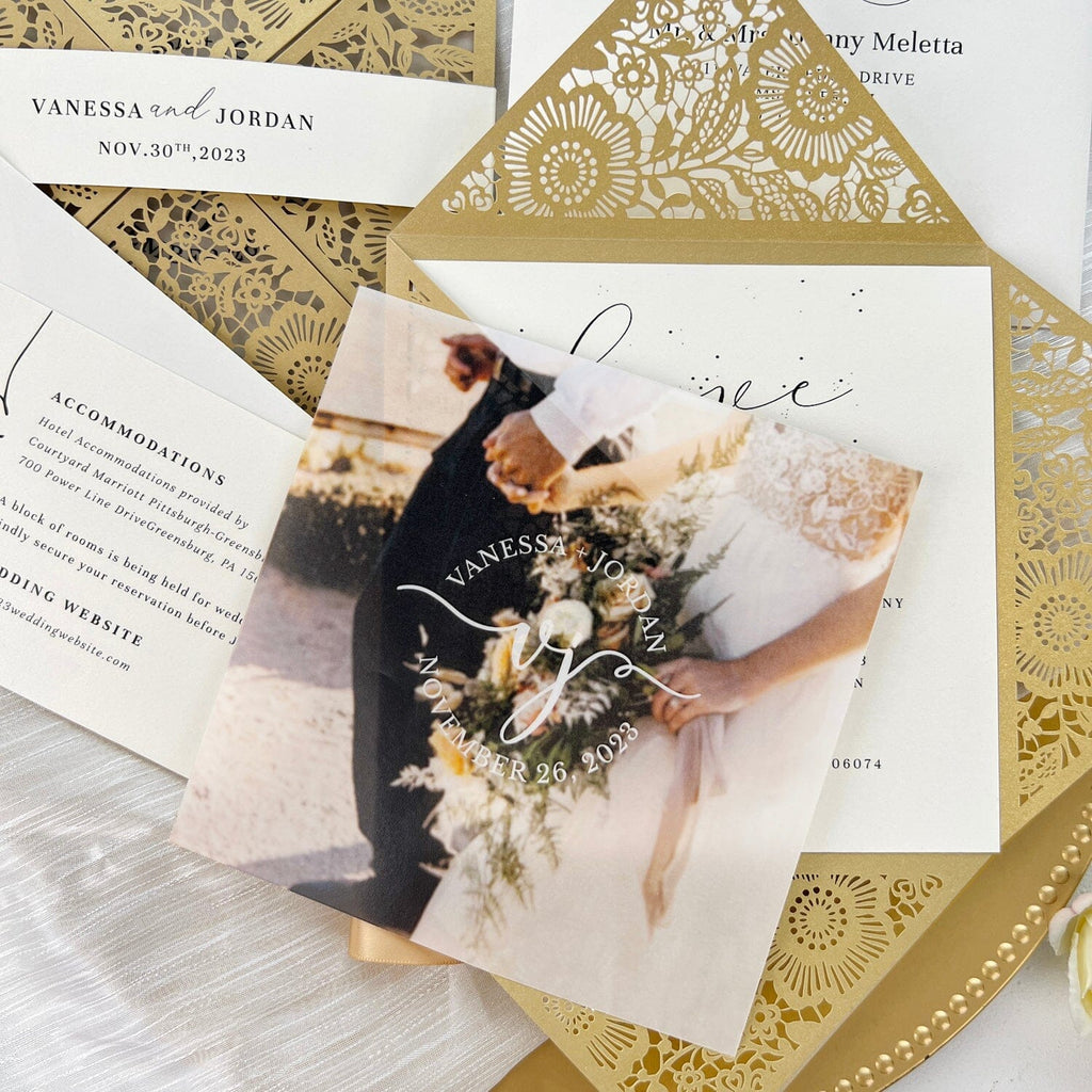 Gold Foil Customized Wedding Invitations with Vellum Paper