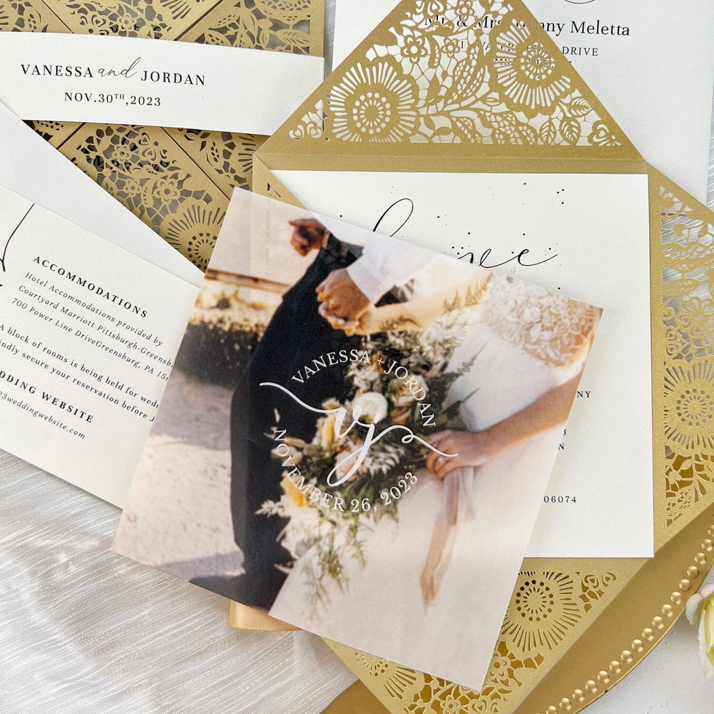 Laser Cut Gold Wedding Invitations with RSVP Cards, Vellum Wedding Logo Personalized, Picky Bride Flower Invites, Table Card Wedding Ceremony Supplies Picky Bride 