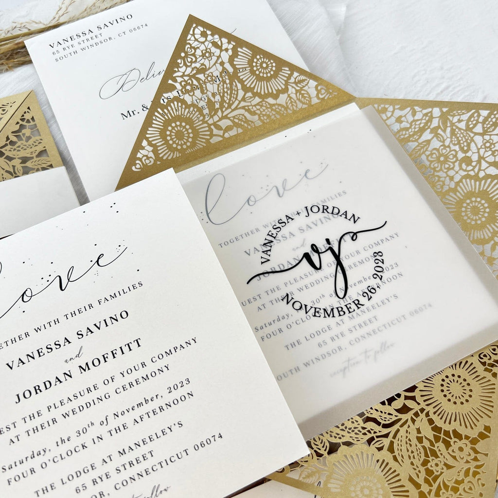 Laser Cut Gold Wedding Invitations with RSVP Cards, Vellum Wedding Logo Personalized, Picky Bride Flower Invites, Table Card Wedding Ceremony Supplies Picky Bride 