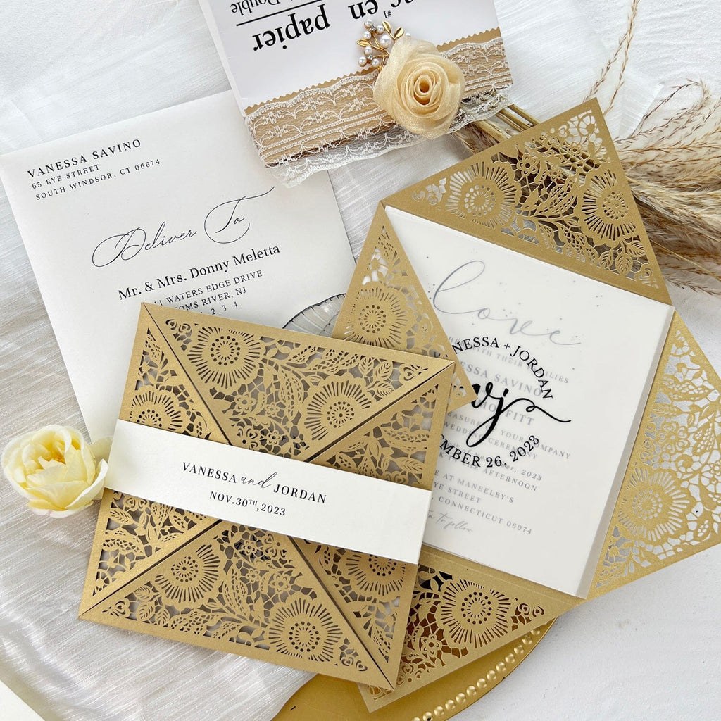 Laser Cut Gold Wedding Invitations with RSVP Cards, Vellum Wedding Logo Personalized, Picky Bride Flower Invites, Table Card Wedding Ceremony Supplies Picky Bride 