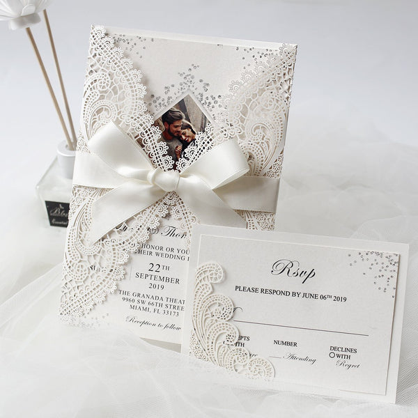 Laser Cut Ivory Wedding Invite Invitation Cards With Envelopes PB2001-IV Picky Bride 
