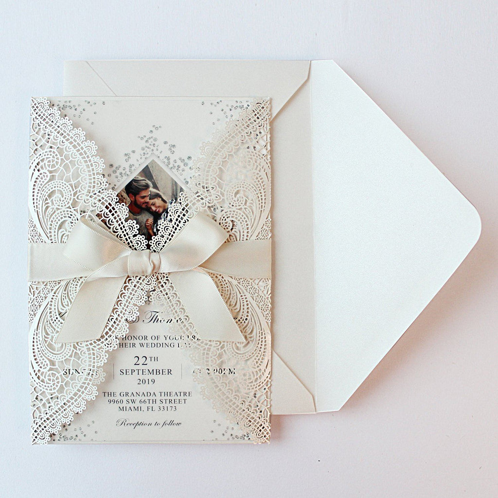 Laser Cut Ivory Wedding Invite Invitation Cards With Envelopes PB2001-IV Picky Bride 