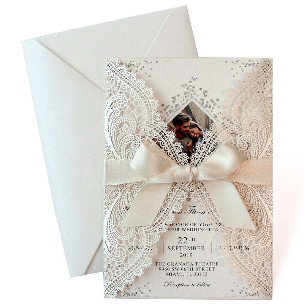 Laser Cut Ivory Wedding Invite Invitation Cards With Envelopes PB2001-IV Picky Bride 