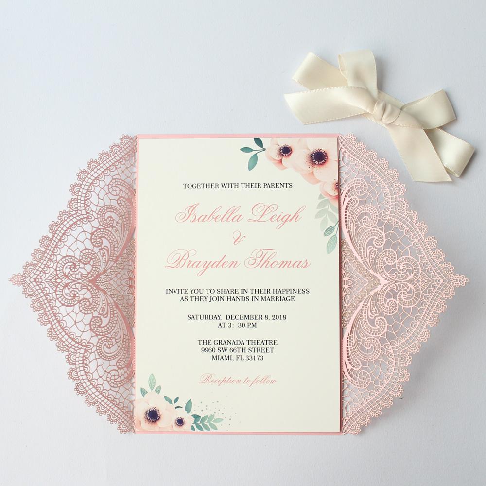 Laser Cut Pink Wedding Invitations, Romantic Wedding Invites PB1990 Picky Bride 