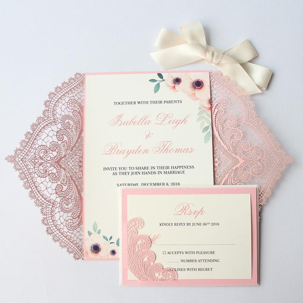 Laser Cut Pink Wedding Invitations, Romantic Wedding Invites PB1990 Picky Bride 
