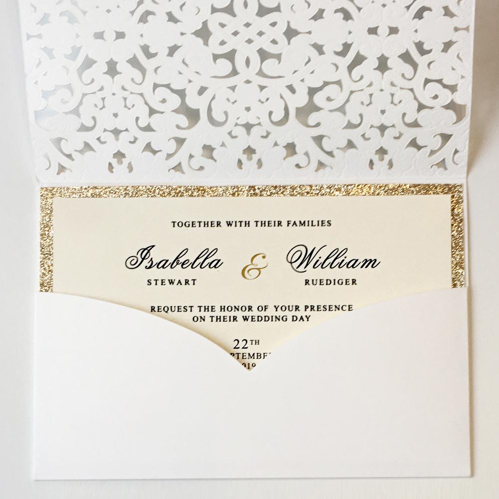 Laser Cut Pocket Wedding Invitations, Gold Glitter Wedding Invitations Picky Bride 