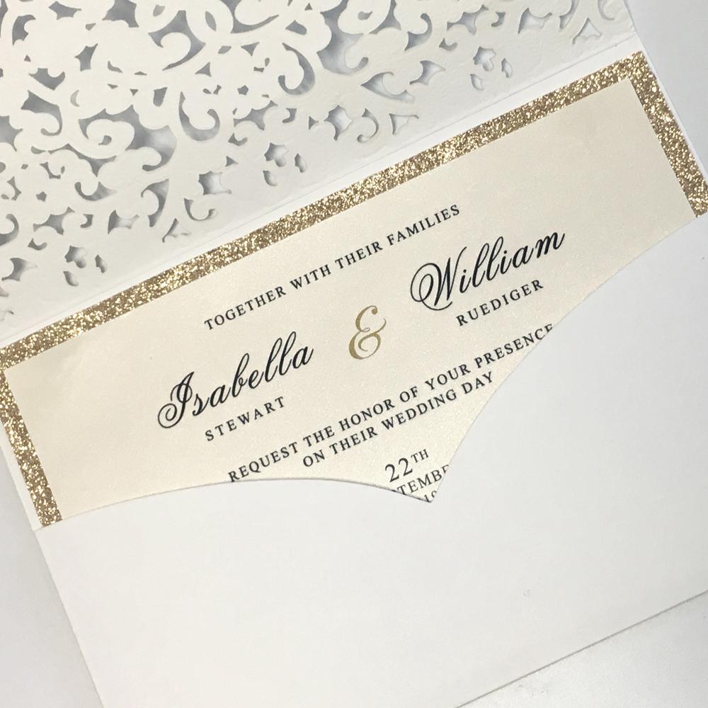 Laser Cut Pocket Wedding Invitations, Gold Glitter Wedding Invitations Picky Bride 