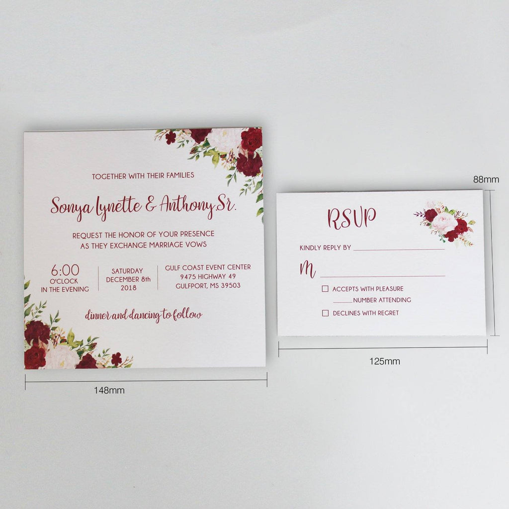 Laser Cut Wedding Invitation Cards With RSVP Cards Burgundy Invitations 15x15cm Picky Bride 