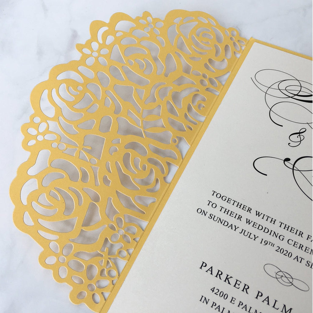 Laser Cut Wedding Invitations Yellow Gold Invitations With RSVP Cards Picky Bride 