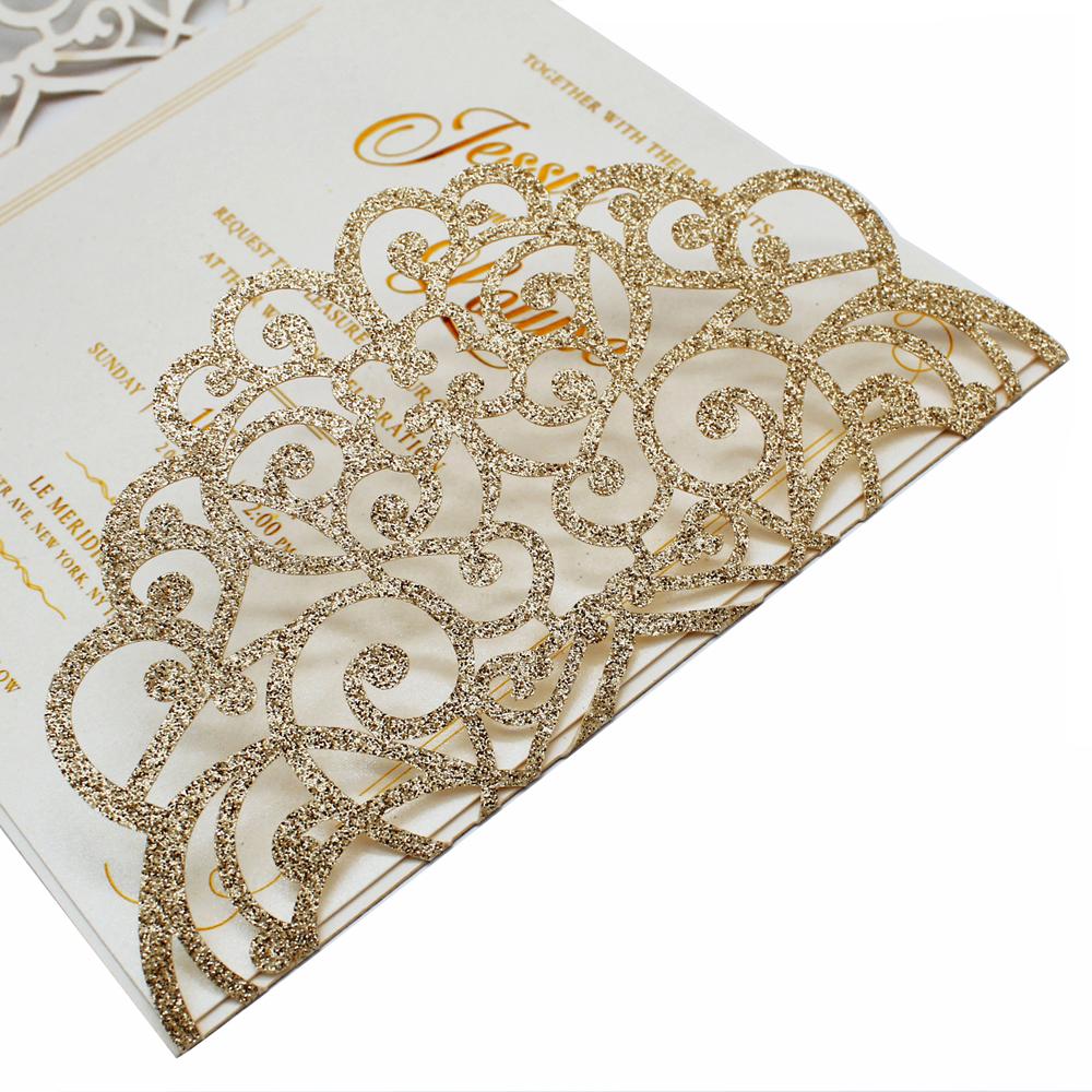 Laser Cut Wedding Invite Invitation Cards With Envelopes, Gold Glitter Wedding Cards Picky Bride 