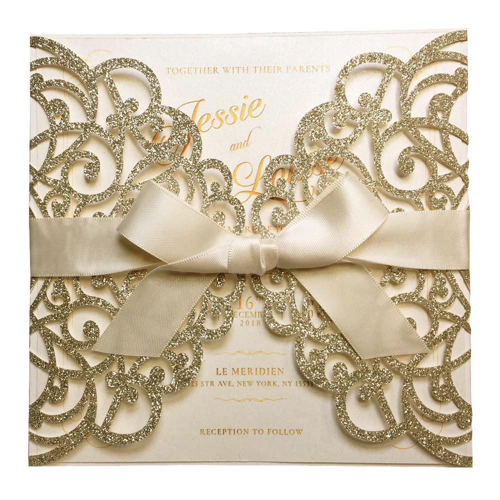 Laser Cut Wedding Invite Invitation Cards With Envelopes, Gold Glitter Wedding Cards Picky Bride 