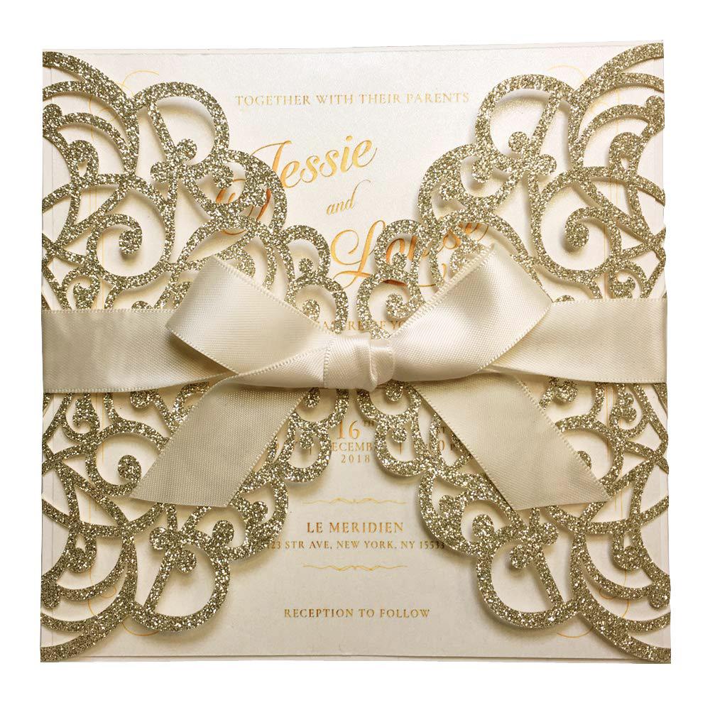 Laser Cut Wedding Invite Invitation Cards With Envelopes, Gold Glitter Wedding Cards Picky Bride 