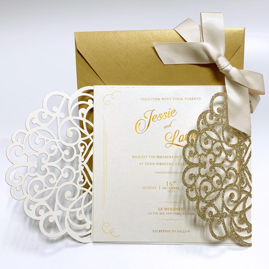 Laser Cut Wedding Invite Invitation Cards With Envelopes, Gold Glitter Wedding Cards Picky Bride 