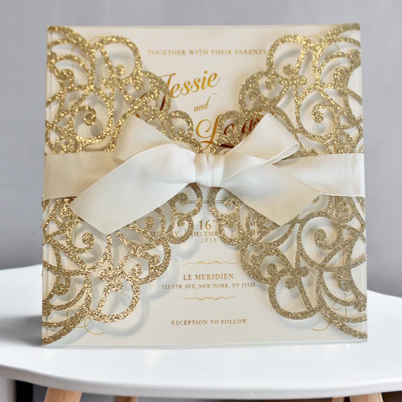 Laser Cut Wedding Invite Invitation Cards With Envelopes, Gold Glitter Wedding Cards Picky Bride 