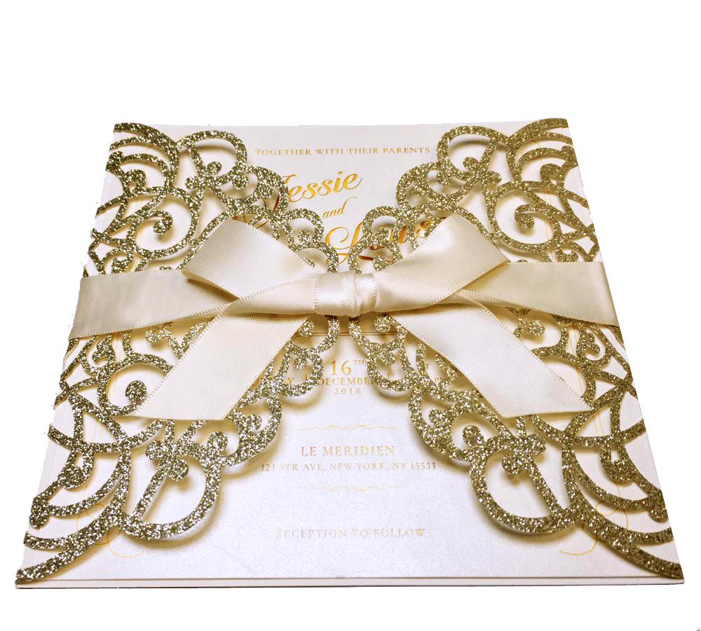 Laser Cut Wedding Invite Invitation Cards With Envelopes, Gold Glitter Wedding Cards Picky Bride 